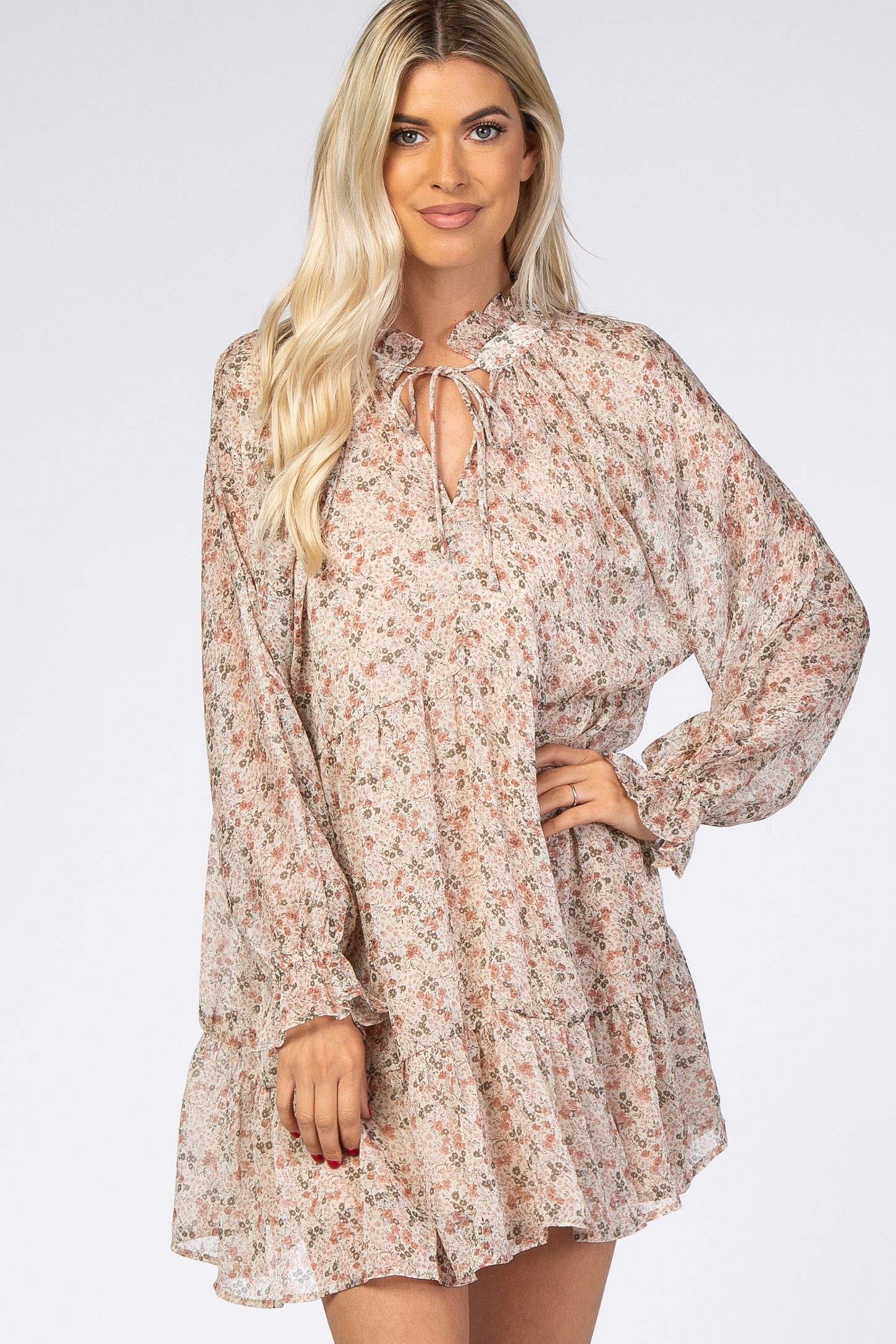 Cream Floral Chiffon Ruffle Hem Dress