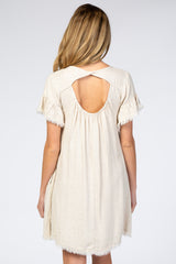 Cream Frayed Trim Back Keyhole Linen Maternity Dress