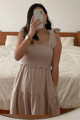 Beige Bow Strap Tiered Midi Dress