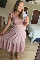 Mauve Bow Strap Tiered Maternity Midi Dress