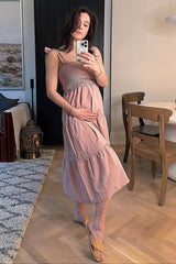 Mauve Bow Strap Tiered Maternity Midi Dress