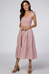 Mauve Bow Strap Tiered Maternity Midi Dress