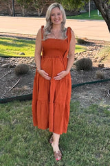Rust Bow Strap Tiered Maternity Midi Dress