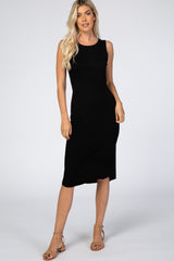 Black Ribbed Sleeveless Maternity Midi Dress