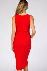 Red Ribbed Sleeveless Maternity Midi Dress