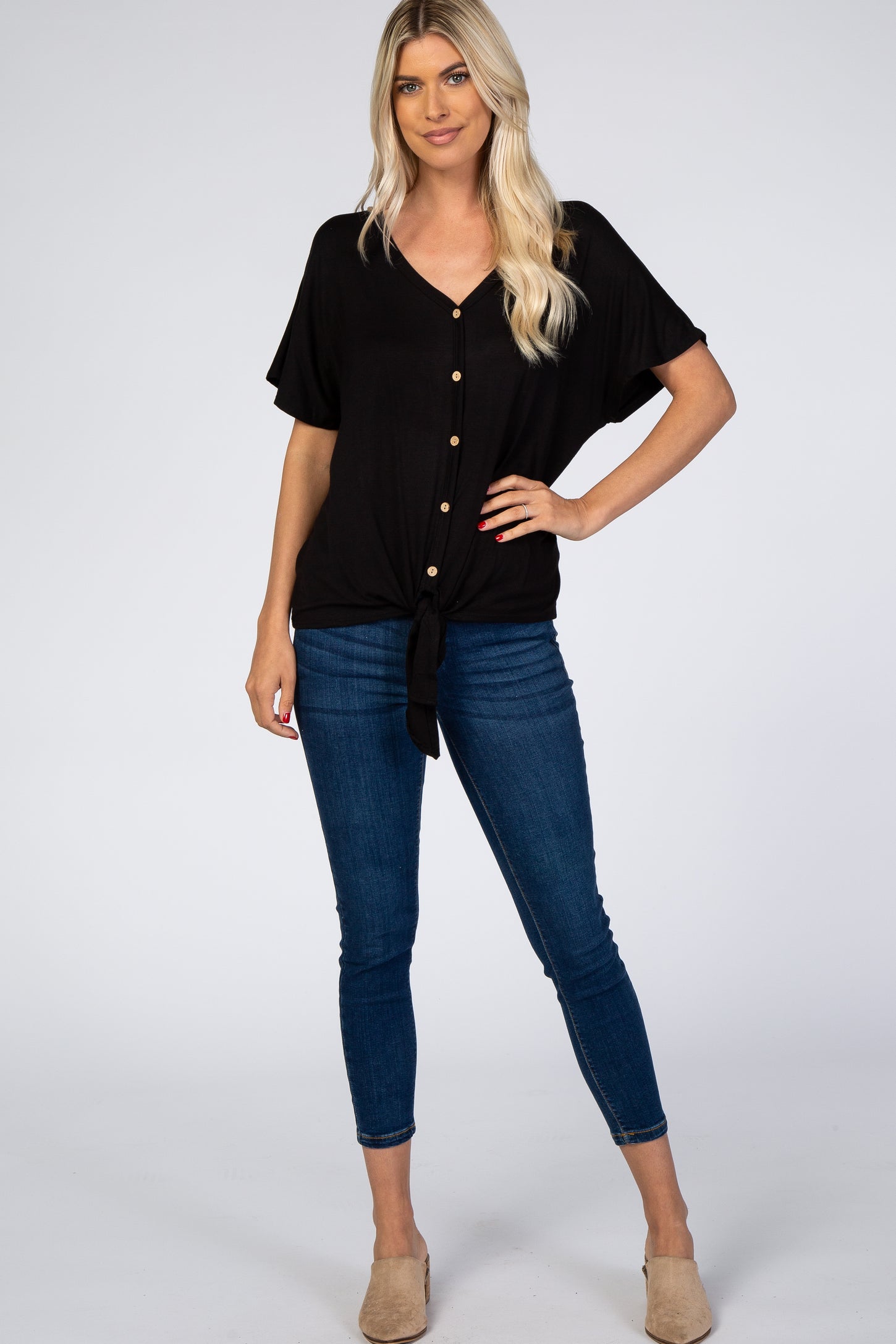 Black Tie Front Short Sleeve Top
