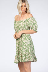 Green Floral Off Shoulder Mini Dress