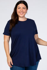 Navy Blue Round Hem Short Sleeve Maternity Plus Top