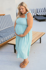 Mint Green Smocked Tie Strap Maternity Midi Dress