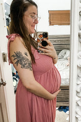 Pink Smocked Tie Strap Maternity Midi Dress