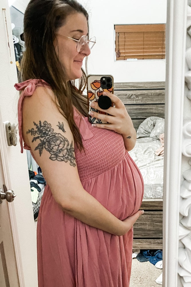 Pink Smocked Tie Strap Maternity Midi Dress