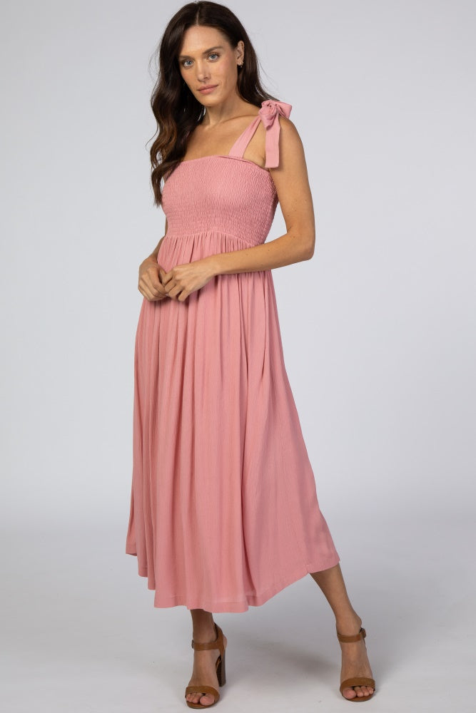 Pink Smocked Tie Strap Maternity Midi Dress