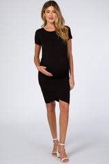 Black Ruched Maternity T-Shirt Dress