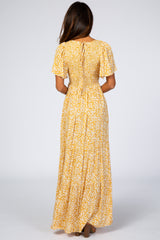 Yellow Floral Smocked Front Pleated Hem Maxi Dress