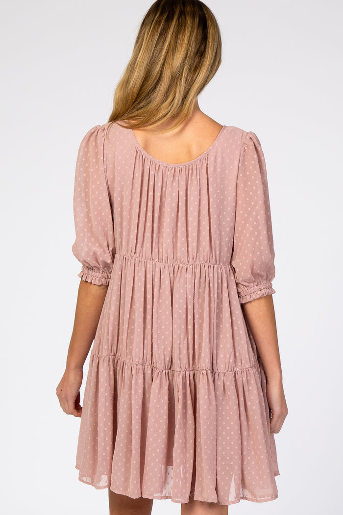 Mauve Chiffon Swiss Dot Tiered Maternity Dress