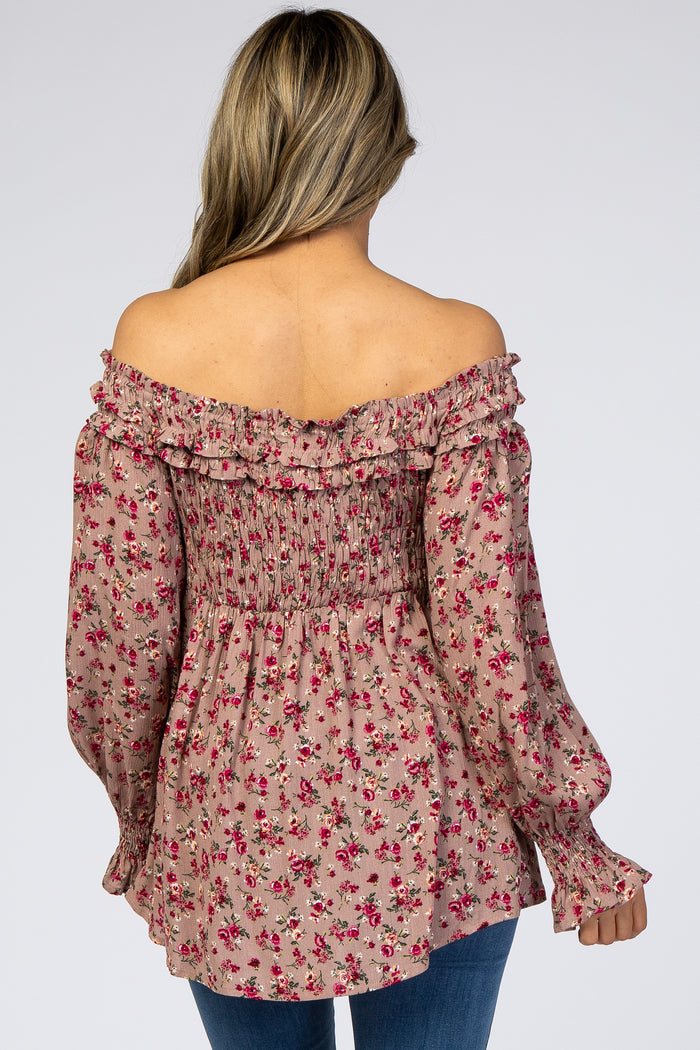 Mauve Floral Off Shoulder Long Sleeve Top