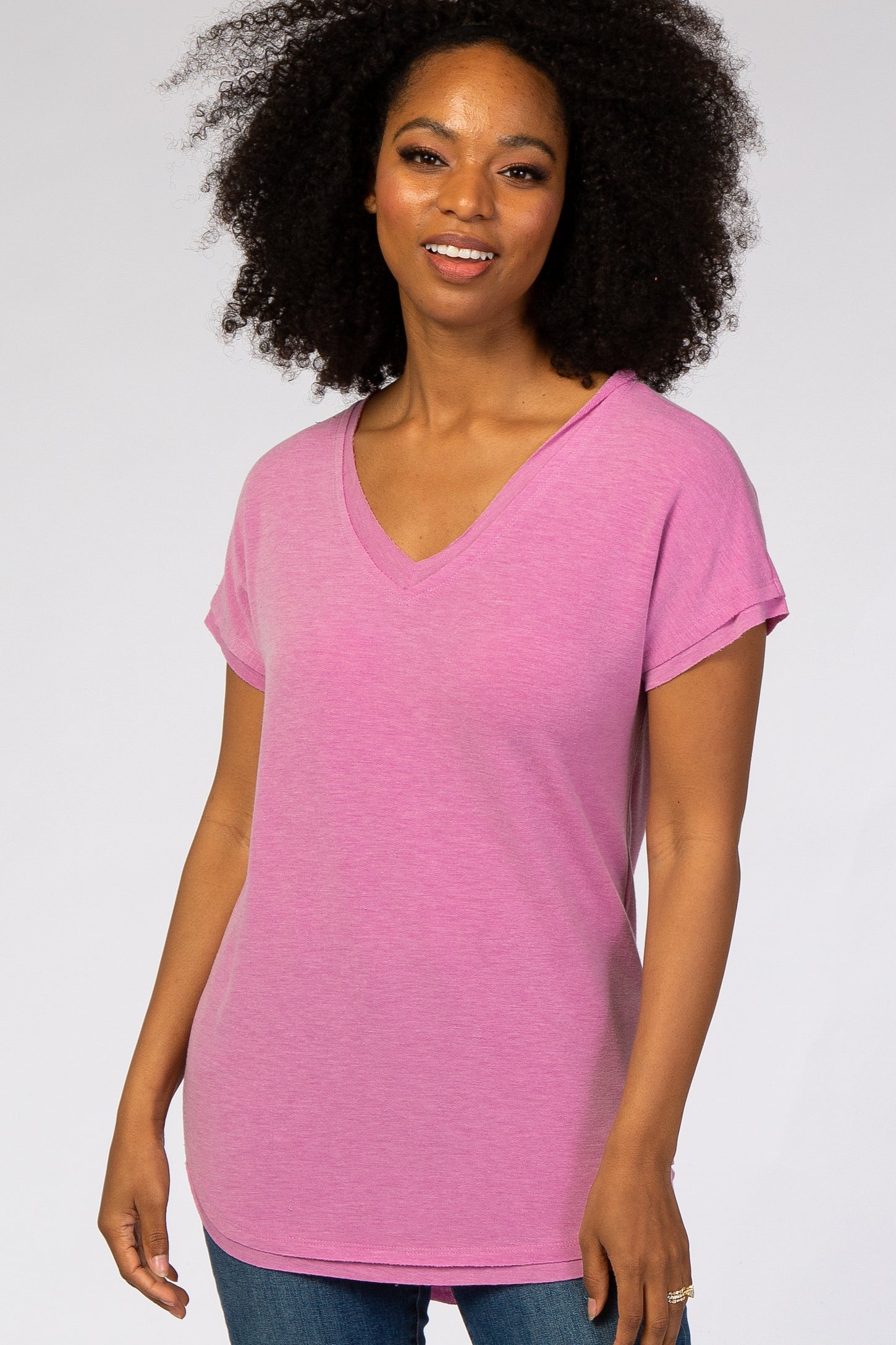 Mauve V-Neck Raw Hem Maternity Short Sleeve Top