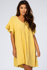 Yellow Linen Fringe Trim Babydoll Dress