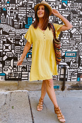 Yellow Linen Fringe Trim Babydoll Dress