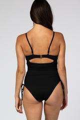 Black Ribbed Side Tie One-Piece Swimsuit
