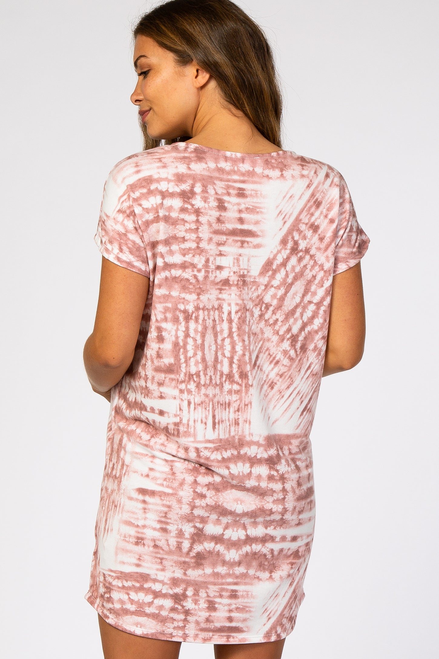 Mauve Tie Dye V-Neck Round Hem Maternity Dress