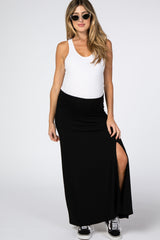 Black Foldover Side Slit Maternity Maxi Skirt