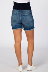 Blue Distressed Fringe Hem Maternity Jean Shorts