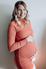 Rust Ribbed Mock Neck Fitted Maternity Dress