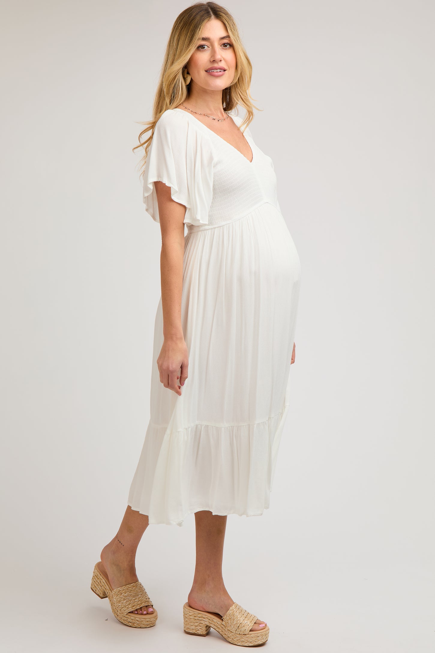 Ivory Smocked Ruffle Maternity Dress