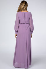Violet Chiffon Long Sleeve Pleated Maternity Maxi Dress