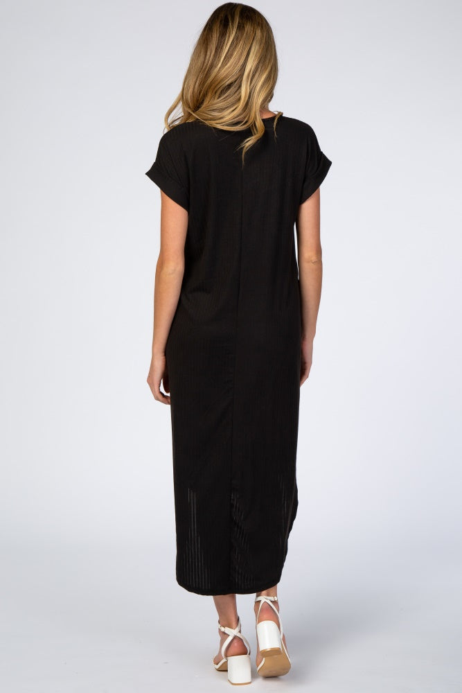 Black Ribbed Curved Hem Maternity Midi Dress