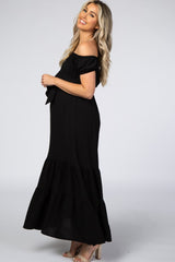 Black Off Shoulder Ruffle Hem Maternity Maxi Dress