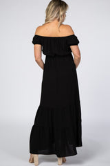 Black Off Shoulder Ruffle Hem Maternity Maxi Dress