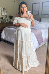 Cream Off Shoulder Ruffle Tiered Maternity Maxi Dress