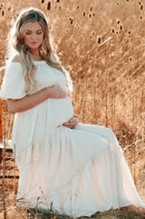 Cream Off Shoulder Ruffle Tiered Maternity Maxi Dress