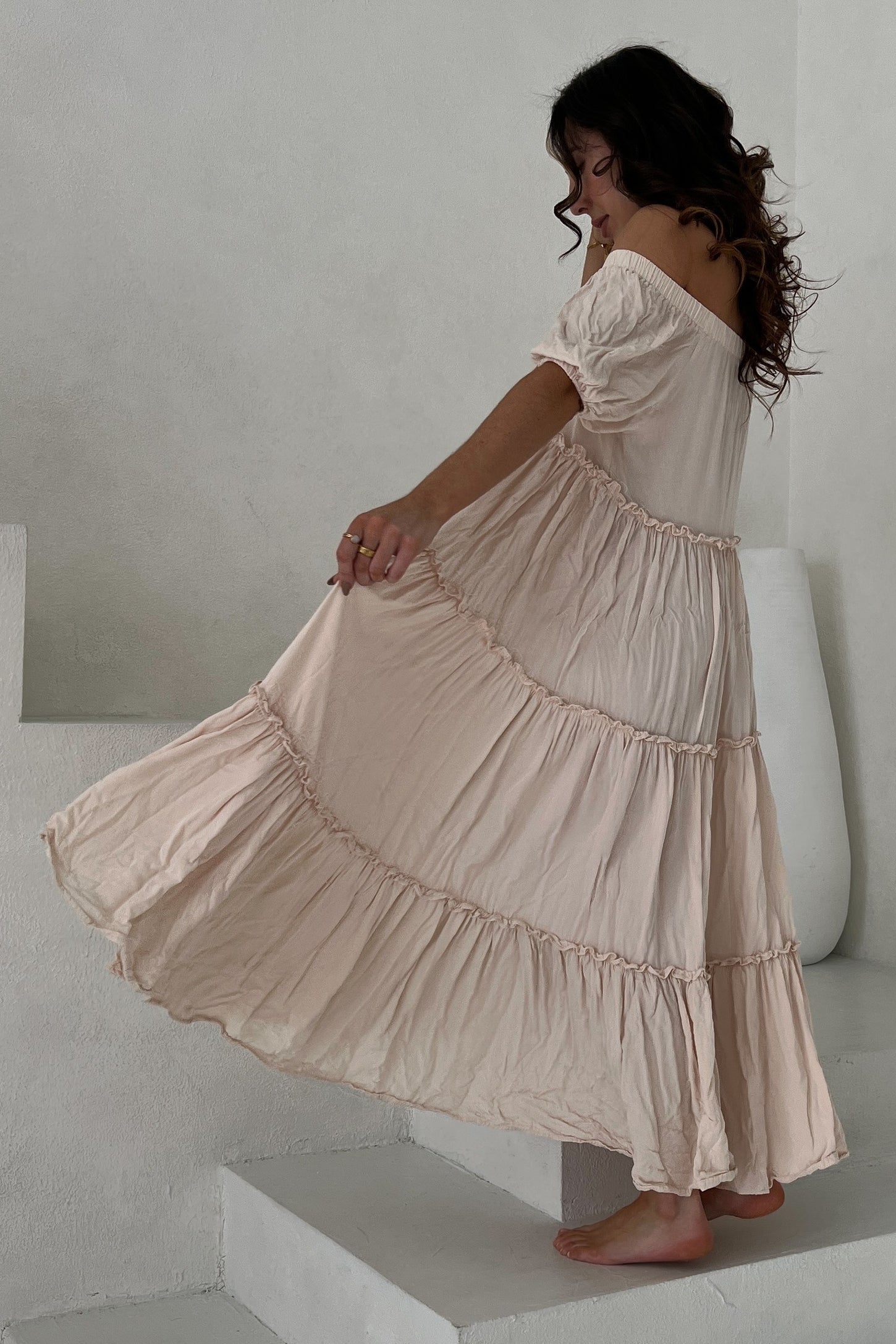 Cream Off Shoulder Ruffle Tiered Maxi Dress
