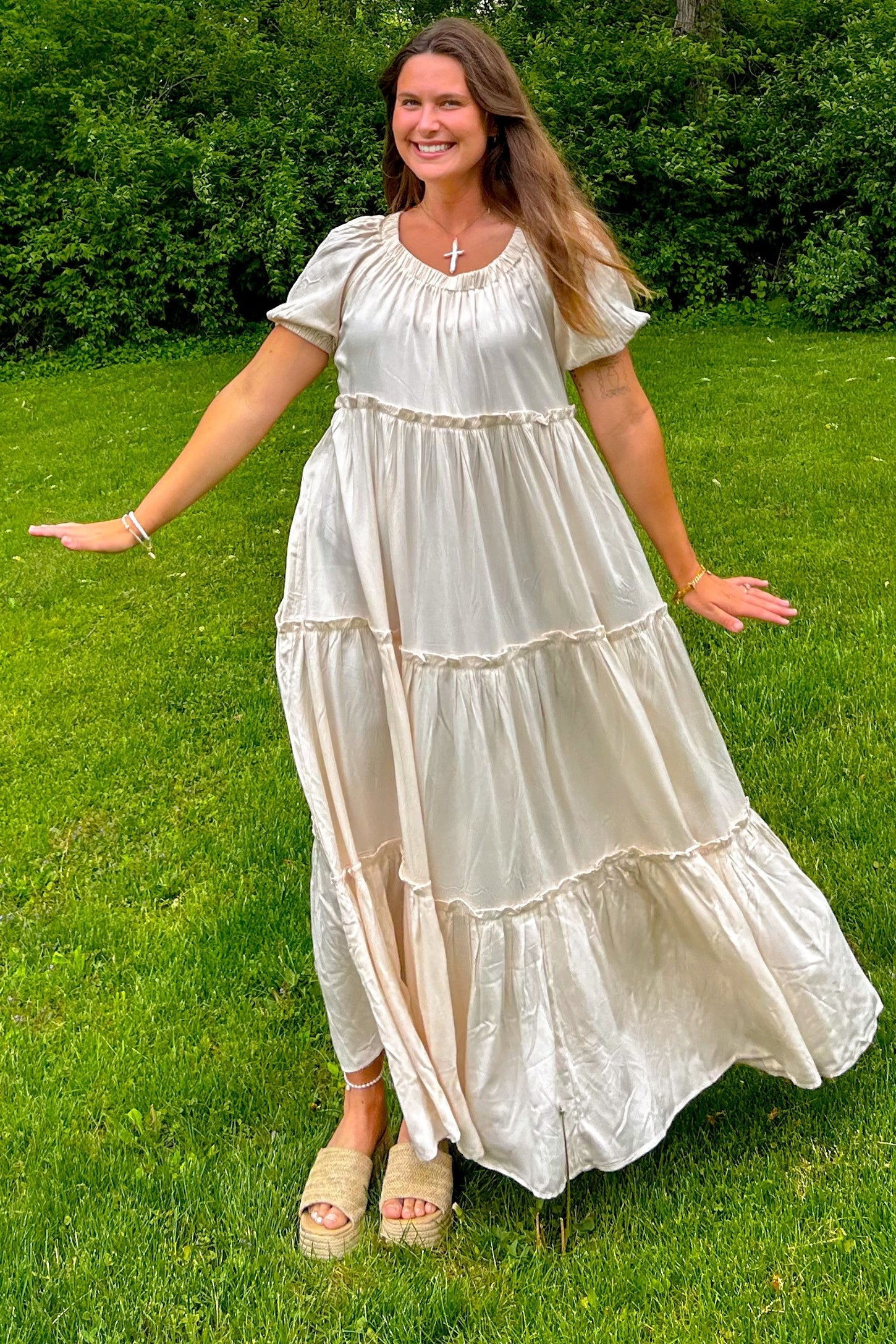Cream Off Shoulder Ruffle Tiered Maxi Dress
