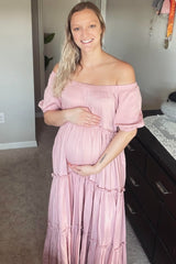 Mauve Off Shoulder Ruffle Tiered Maternity Maxi Dress