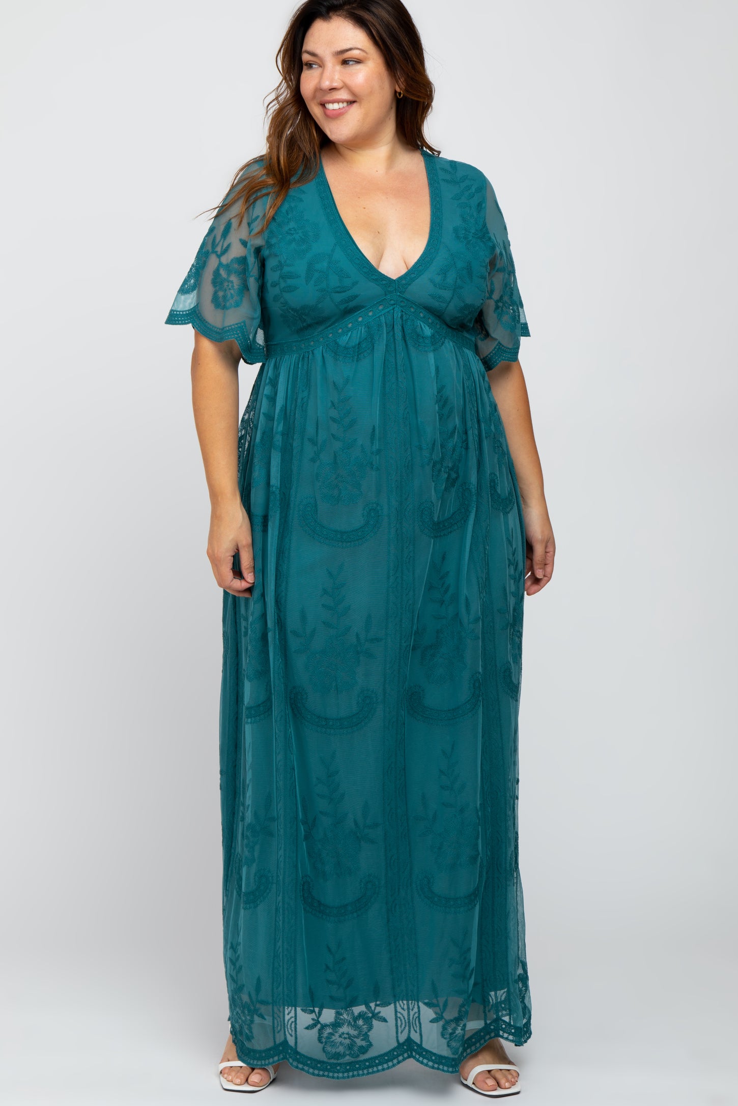 Teal Lace Mesh Overlay Maternity Plus Maxi Dress