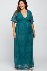 Teal Lace Mesh Overlay Maternity Plus Maxi Dress