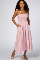 Pink Checkered Tiered Maternity Midi Dress