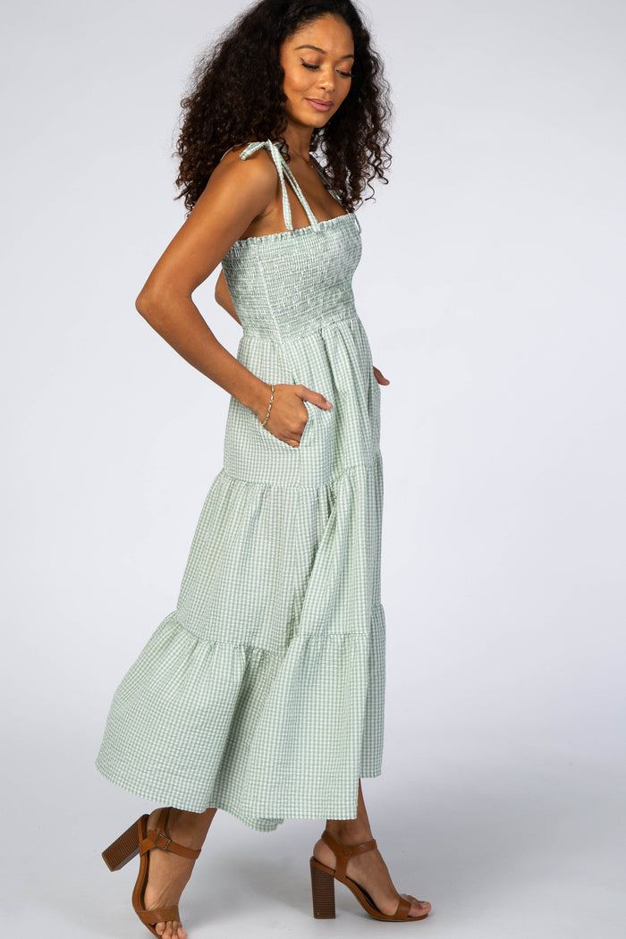 Mint Checkered Tiered Midi Dress