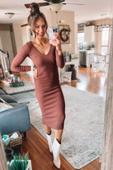 Mocha V-Neck Long Sleeve Fitted Maxi Dress