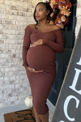 Mocha V-Neck Long Sleeve Fitted Maternity Maxi Dress