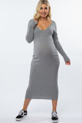 Heather Grey  V-Neck Long Sleeve Fitted Maternity Maxi Dress