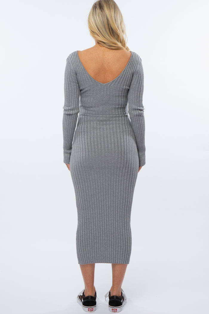 Heather Grey  V-Neck Long Sleeve Fitted Maternity Maxi Dress
