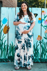 Taupe Navy Floral Off Shoulder Maternity Maxi Dress