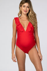 Red Ruffle Maternity One-Piece Maternity Swimsuit