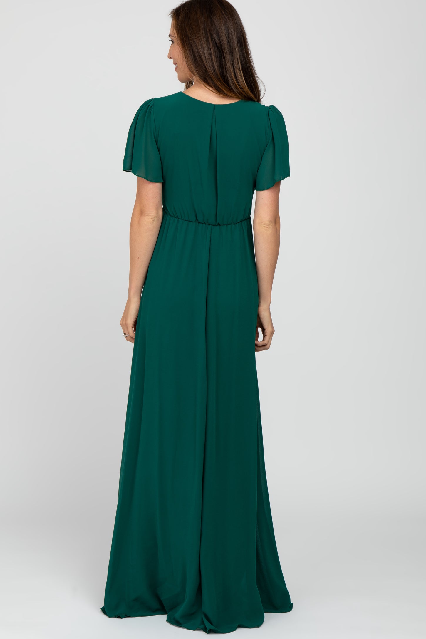 Forest Green Chiffon Short Sleeve Maxi Dress