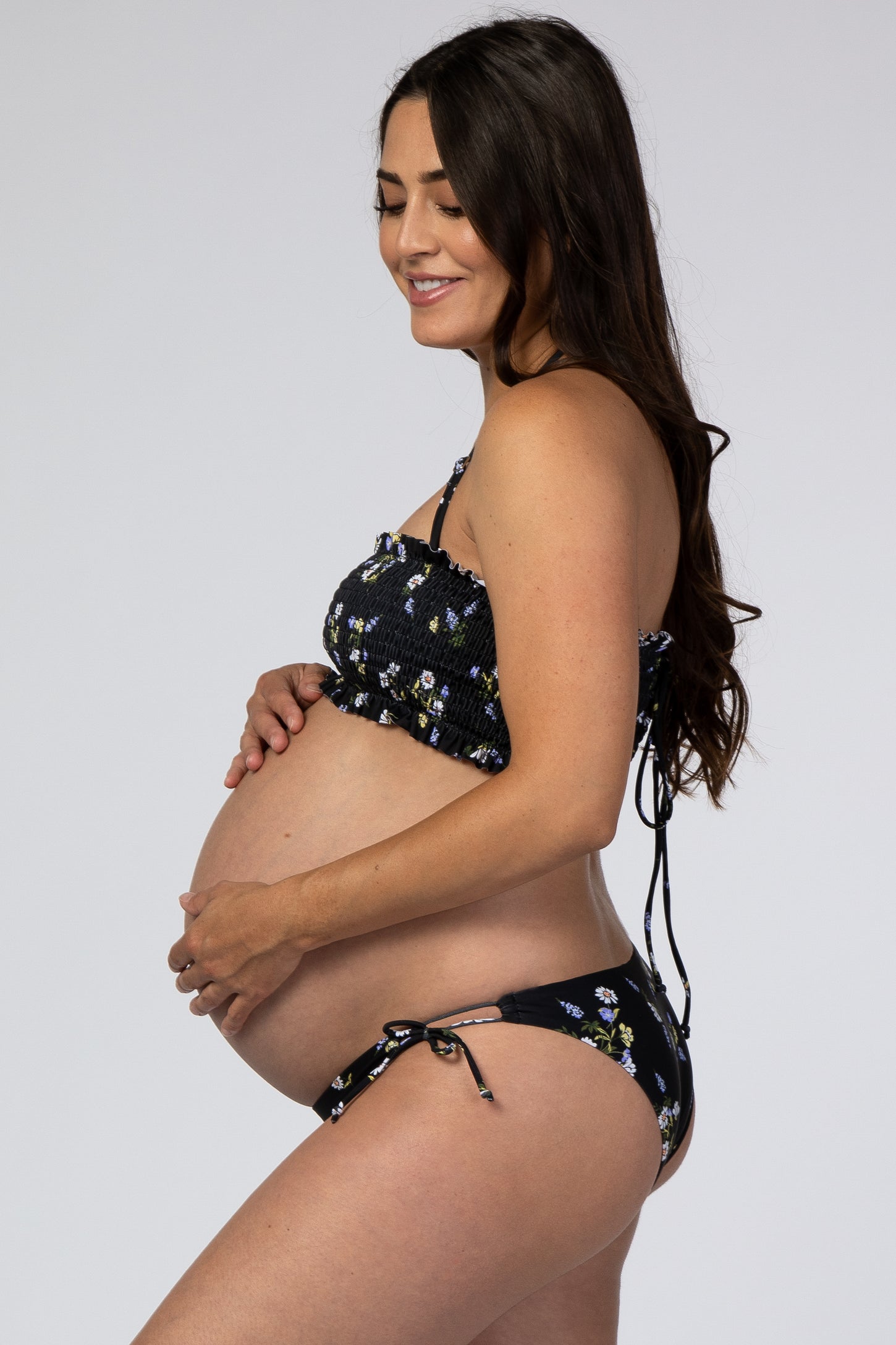 Black Floral Smocked Maternity Bikini Set